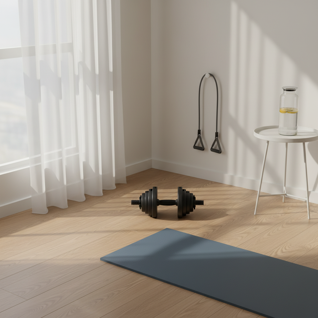 A minimalist home strength corner features a matte black adjustable dumbbell set, a resistance band, and a neatly folded slate-blue workout mat on a smooth light-oak floor. Nearby, a glass water bottle infused with lemon slices rests on a low, white side table. Soft, diffused afternoon light filters through sheer curtains, creating gentle, elongated shadows and subtle highlights on the metal surfaces. Shot from a slightly elevated angle in photographic realism, the composition follows the rule of thirds, with the equipment leading the eye diagonally. The atmosphere feels focused yet approachable, embodying sustainable strength training and physical renewal in midlife without clutter or intimidation.