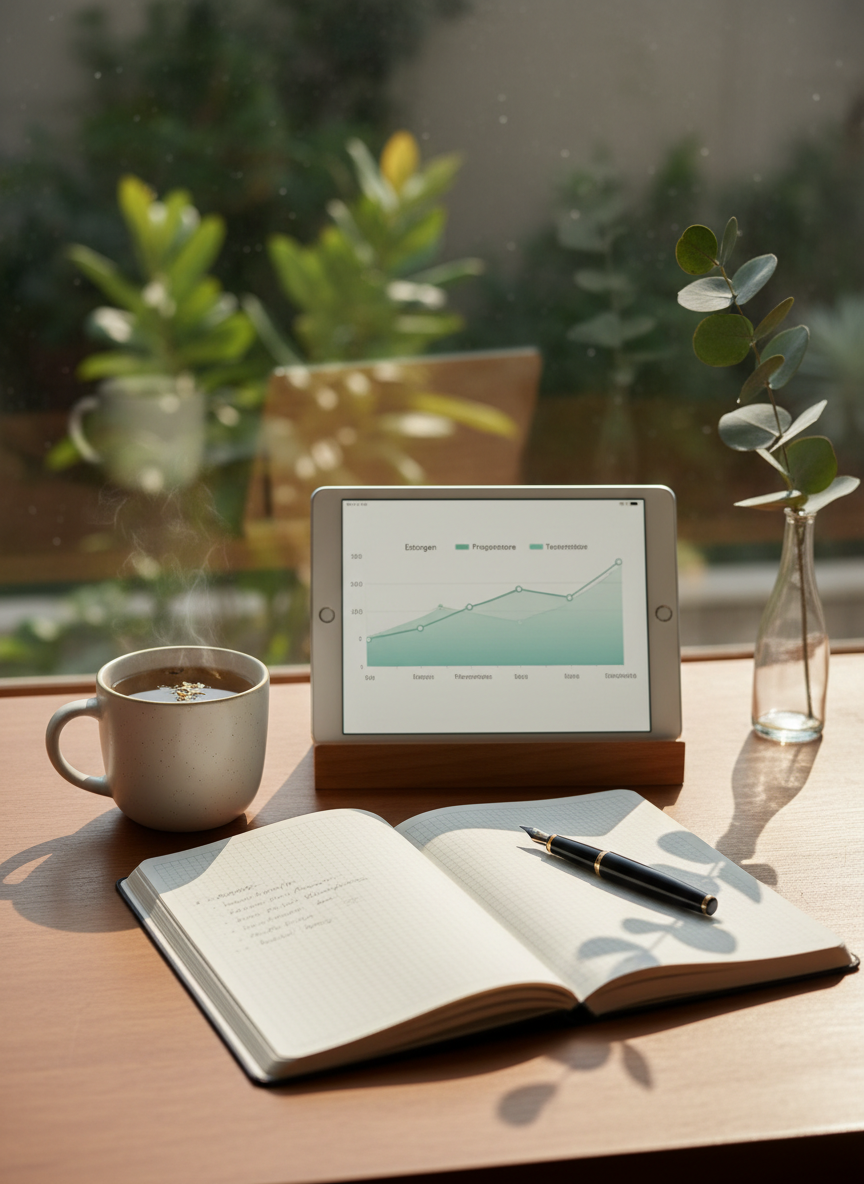 A neatly arranged wooden writing desk displays an open linen-textured journal, a fine-point pen, a ceramic mug of herbal tea, and a slim tablet showing a clean graph of hormone levels. The desk sits in front of a large window overlooking soft-focus greenery, with morning daylight streaming in and casting gentle, directional shadows across the pages. A small glass vase holds a single eucalyptus stem, adding muted green tones. Photographic realism at eye-level, using a shallow depth of field so the journal and tablet are in crisp focus while the background blurs softly. The mood is calm, clear, and encouraging, evoking a sense of organized midlife reset and thoughtful planning.