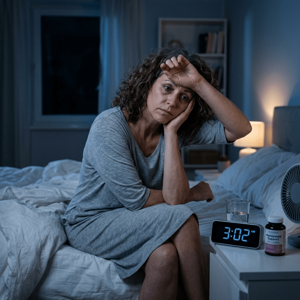 Middle-aged woman sitting on bed looking tired and restless at night