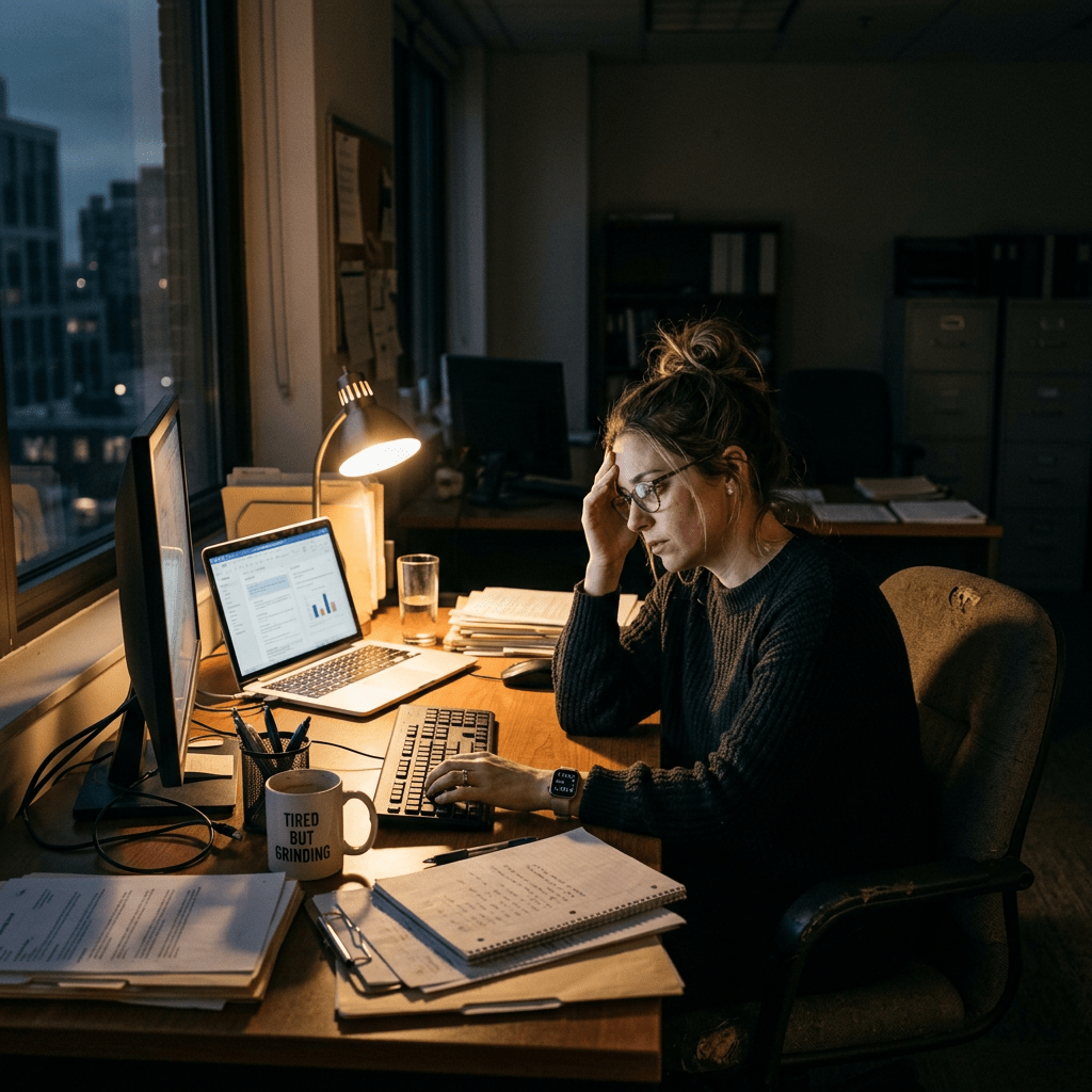 Woman wearing glasses working at desk with computer and documents